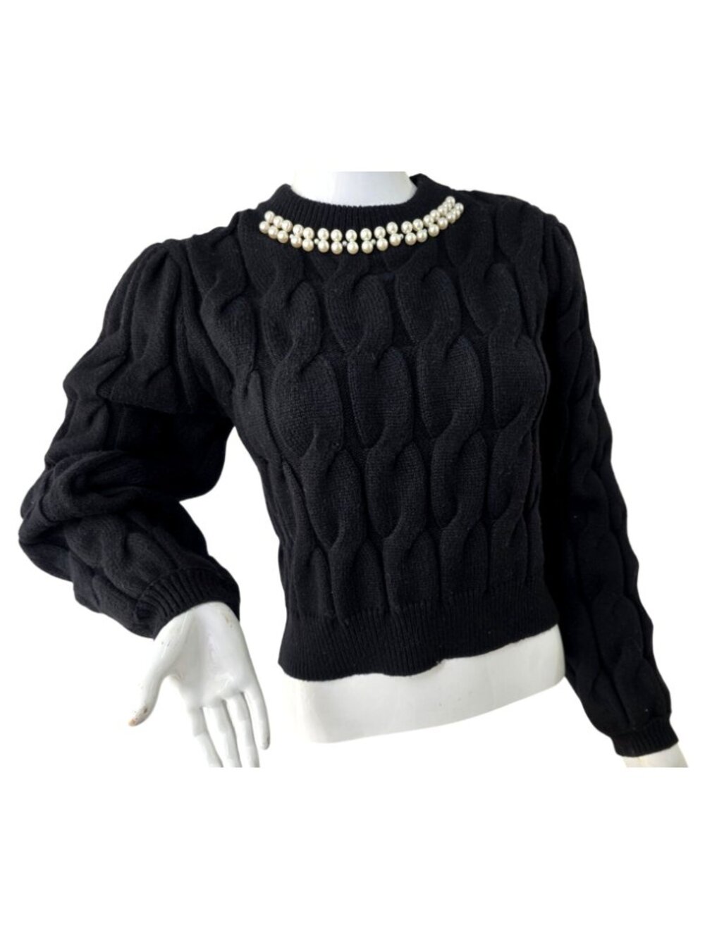 Pearl Neck Crop Sweater Women M or S/M Lola Black Cable Knit Pullover Holiday